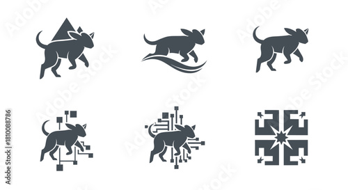 Six minimalist dog silhouettes with environmental and technological integration, on white