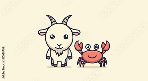 Cartoon style illustration of a goat and crab with simple lines on a cream background