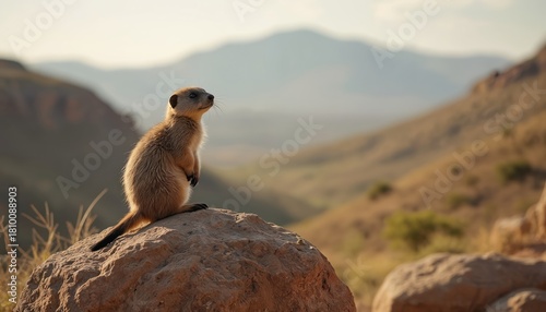 Meerkat stands on a stone against a landscape with mountains. Animal looks into the distance. Cute mammal watching surrounding nature in African savanna habitat at sunset.