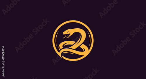 A golden serpent coiled within a circle on a dark background. The snake has fangs & a forked tongue