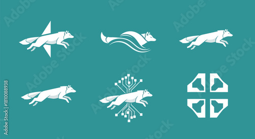 A teal background with six white stylized images of a running canine, in different forms