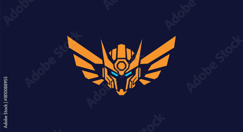 A symmetrical robotic face with wings, in orange and blue, against a dark blue background