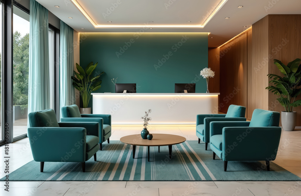 Fototapeta premium Modern hotel lobby boasts minimalist design with teal accents. Reception area features comfortable armchairs. Calm atmosphere creates relaxing welcoming space for visitors. Interior stylish, elegant