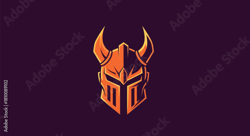 Stylized, symmetrical helmet with horns, in warm orange hues against a dark purple background