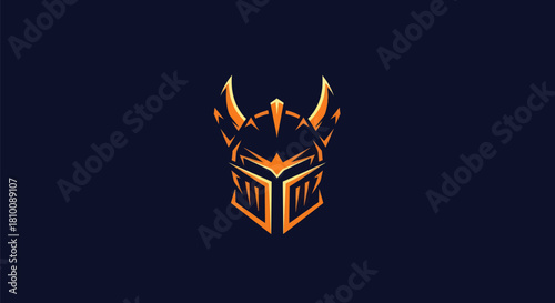 A stylized orange helmet design on a dark blue background
