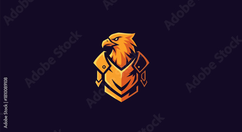 A stylized eagle in golden armor on a dark background. The eagle has an intense stare