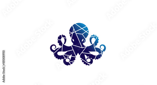 A stylized blue geometric octopus on a white background, featuring a mosaic-like design