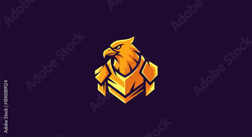 A golden eagle, clad in armor, set against a dark purple background
