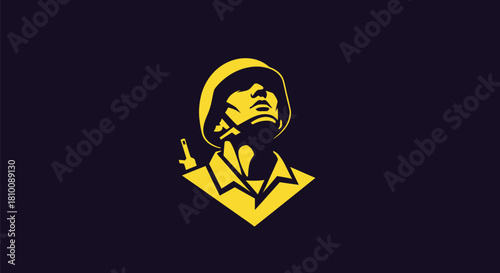 A stylized yellow illustration of a soldier in helmet, rifle, and uniform against a dark background