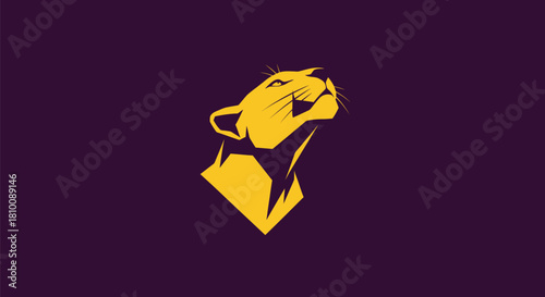 A geometric cougar head in gold against a deep purple background, looking upward