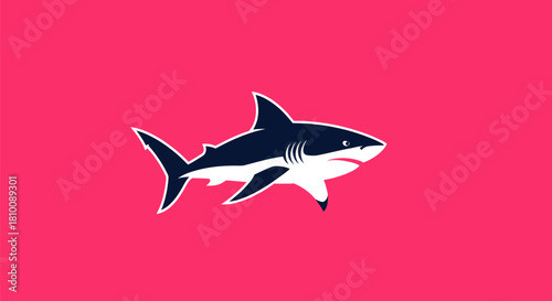 A stylized shark illustration with white outline, black body, white belly on a pink background