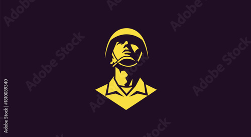 Silhouette portrait of a soldier in a helmet, looking upwards, in yellow on a purple background