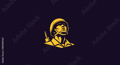 Silhouette of a soldier in helmet, looking up, with a rifle.  Gold on dark background