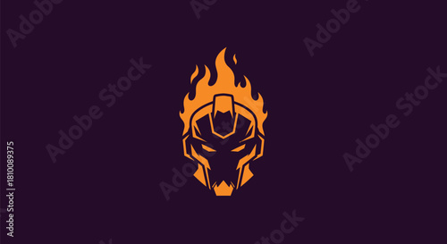 An orange robotic head with flames atop against a deep purple background