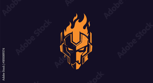 An orange, geometric, fiery head illustration on a dark purple background