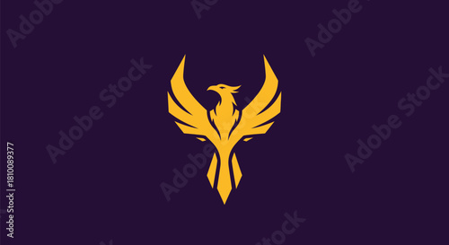 A golden phoenix silhouette on a purple background, wings outstretched, centered