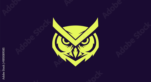 Stylized owl head graphic in vibrant lime green against a deep purple background