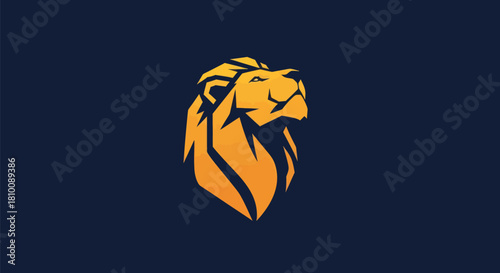 A stylized golden lion head looking upward against a navy background