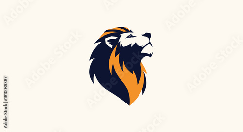 A stylized lion's head rendered in navy blue and orange, roaring upwards, on a cream background