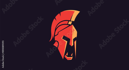 Stylized illustration of a Spartan helmet with red and orange hues on a dark purple background