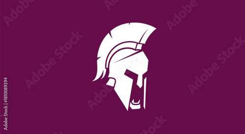 A white spartan helmet on a purple background, a warrior's face is visible