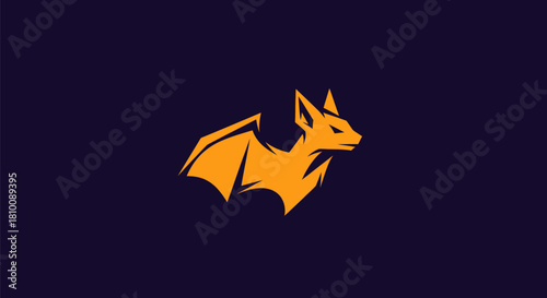 An orange bat logo, stylized and graphic, against a dark blue-purple background