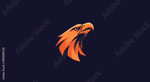 A stylized orange eagle head against a dark blue background, looking upwards