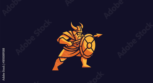 A stylized warrior figure, orange on a dark background, wielding a spear, axe, and shield