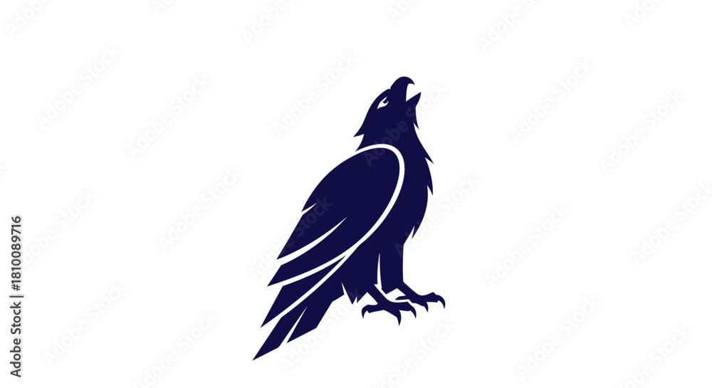 Fototapeta premium Dark blue silhouetted eagle in an upright pose, head tilted up, and beak open on a white background