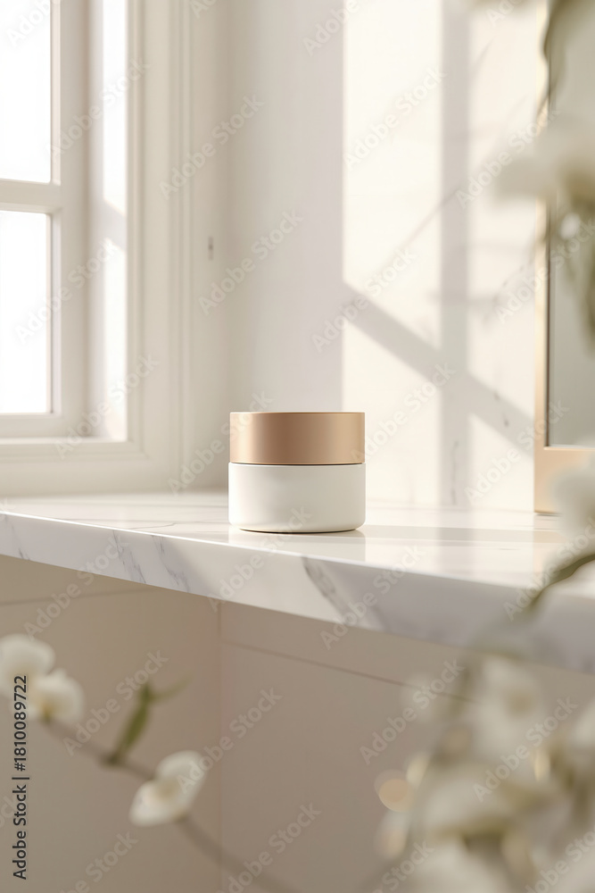 Obraz premium Elegant two-tone container on a marble surface bathed in soft, filtered sunlight, flowers nearby.