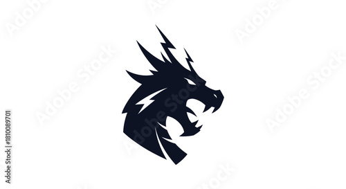 Silhouette of a dragon head, dark navy on white, sharp teeth and jagged horns, angled