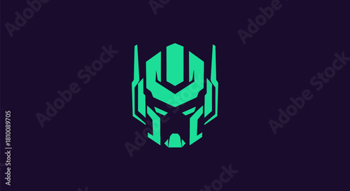 A stylized robotic head graphic, teal on dark purple background. Geometric design, futuristic