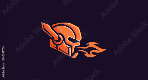 An orange helmeted warrior breathes fire on a dark purple background