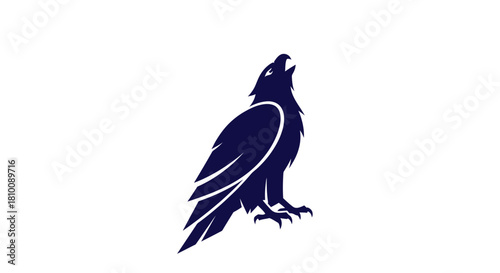 Dark blue silhouetted eagle in an upright pose, head tilted up, and beak open on a white background