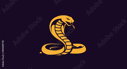 Gold cobra illustration against a dark background, stylized with a raised hood and open mouth