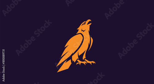Orange falcon silhouette with open beak, facing up, on a dark purple background