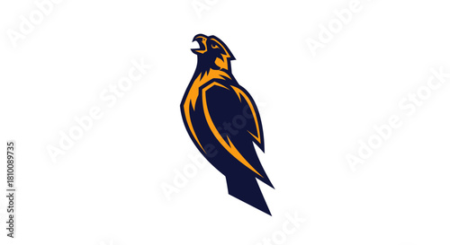 Stylized illustration of a raptor bird in profile, with open beak and textured details