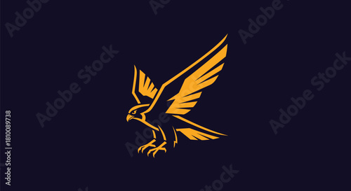 A golden bird of prey design soars, wings spread, on a navy blue background