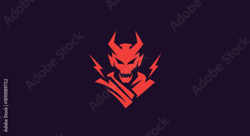 A stylized, red demon head with horns and lightning on a dark background
