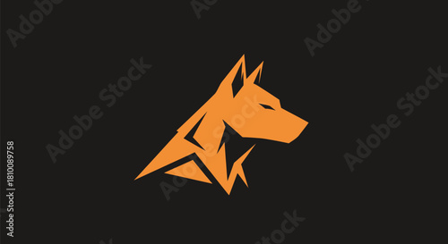 Orange geometric dog silhouette on black background, minimalist logo style