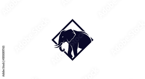 Silhouetted elephant within a diamond frame on white. Dark blue colors. Graphic design