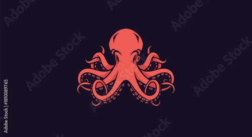 A stylized coral-colored octopus in a pixelated design against a dark blue background