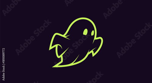 Glowing green ghost outline floats on a dark purple background. Simple, minimalist design