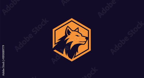A stylized wolf profile within an orange hexagon against a deep blue background