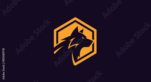 Stylized wolf head in profile within a hexagonal frame, set against a dark background