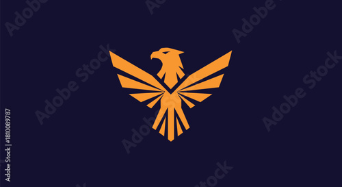 A geometric orange eagle with spread wings against a dark blue background
