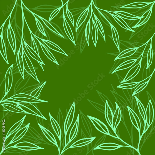 Green leaf branches frame with monochrome outline style. Botanical border on ...