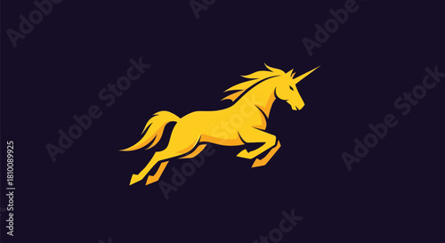 Gold unicorn silhouette leaps against a dark purple background. Detailed, flat style