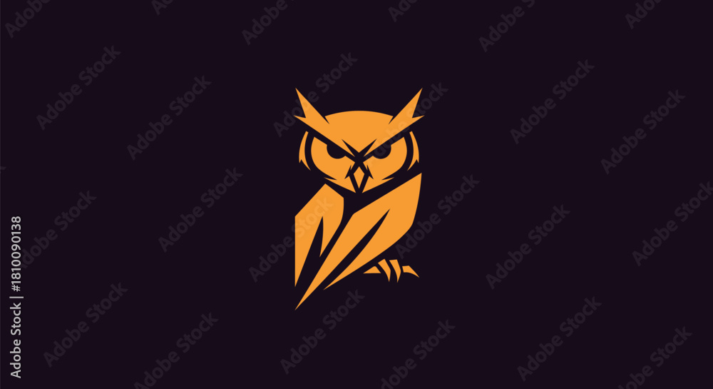 Obraz premium A stylized owl silhouette in orange against a dark purple background. Geometric lines define
