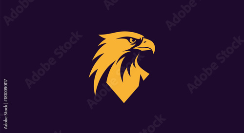 A stylized eagle's head in gold against a dark purple background, facing right